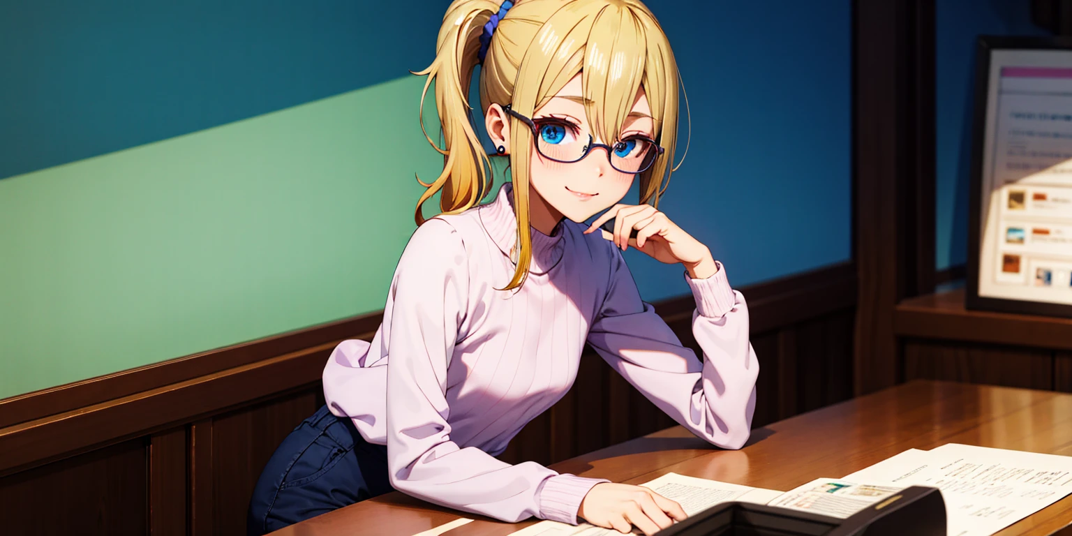 anatomically correct, best quality, masterpiece, high quality, high details, highres, HD, (shaded face:1.2), hollow eyes, dark-blue eyes, looking at viewer, seductive smile, glasses, lips, aihayasakav4, blonde hair, side ponytail, scrunchie, solo, blurry, 1girl, depth_of_field, earrings, blurry_background, small breasts, jewelry, bookshelf, red_eyes, indoors, table, sweater, solo, small_breasts, looking_at_viewer, blurry_foreground, long_sleeves, closed_mouth, bangs, blush, pantyhose, hand_on_own_cheek, sidelocks, breast_rest, ribbed_sweate, 15 years old, teen , escote muestra parte de sus pequeños pechos colgando,holgado, trasero firme