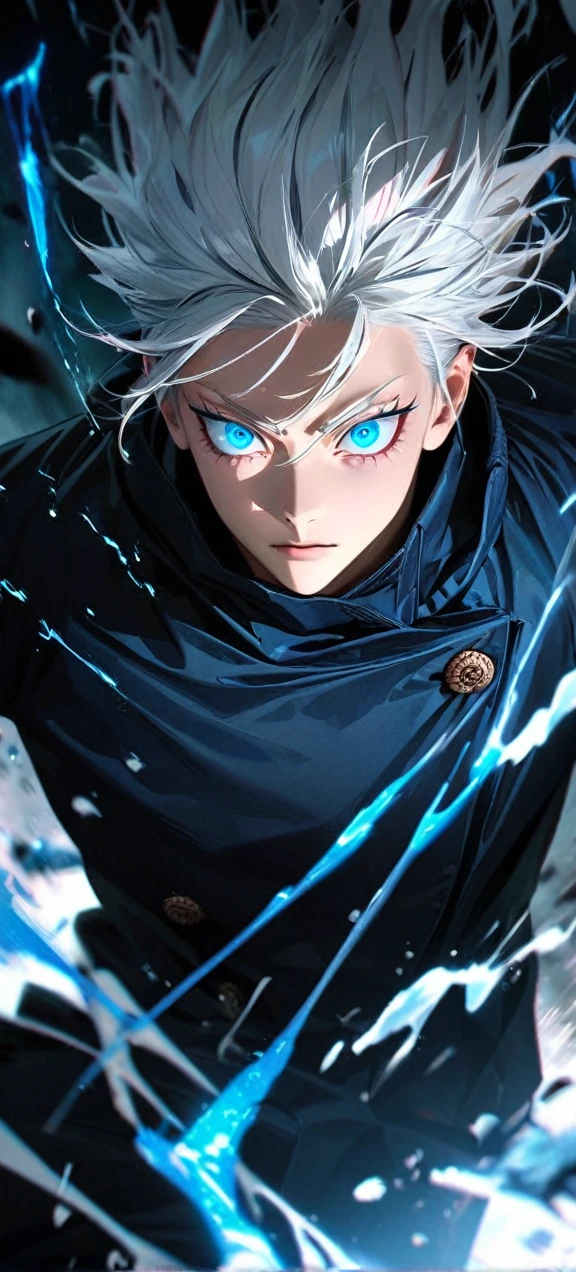  visão distante,alta qualidade, ultra realistic,absurdos, alta resolução, ultra detalhado, HDR, obra de arte, rosto e olhos extremamente detalhados,  gojo satoru , jujutsu kaisen,, cabelo branco ,Camisa preta , Sozinho, ,homem, bonito, ,cílios brancos, olhos azuis , Cena de luta épica, efeito de respingo azul,efeito relâmpago azul,brilhos brilhantes , fechar-se,olhos legais, simétrico 