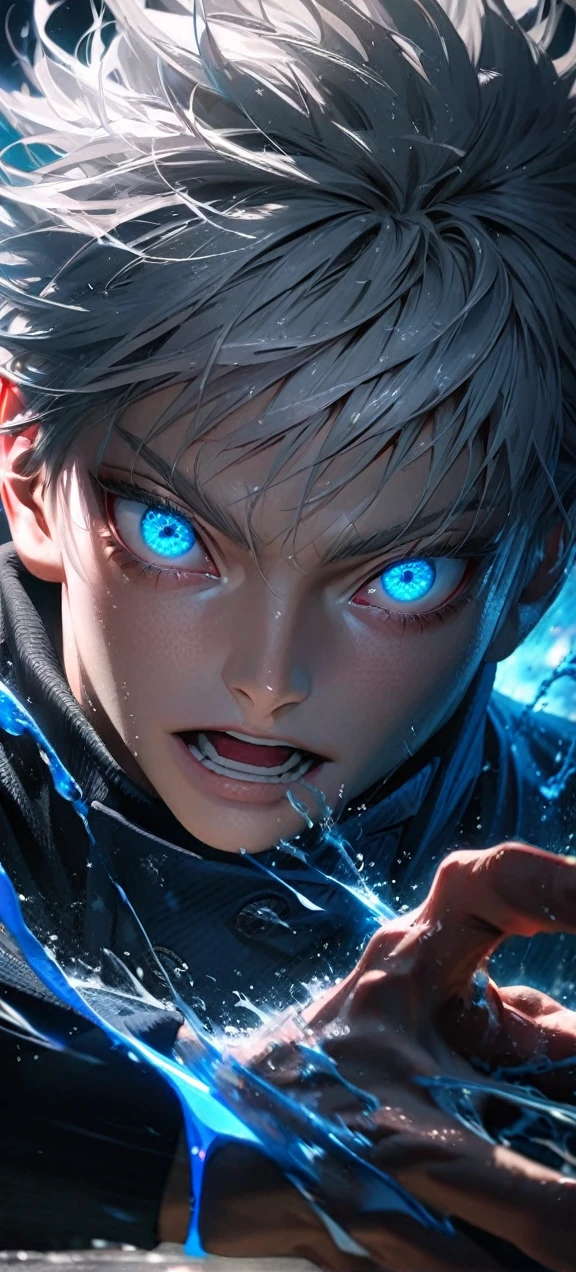  Far view,High quality, ultra realistic,absurdres, highres, ultra detailed, HDR, masterpiece, extremely detailed face and eyes,  Gojo satoru , jujutsu kaisen,, white hair ,black shirt , solo, ,man, handsome, ,white eyeleshes, blue eyes , Epic fight scene, blue splashing effect,blue lightning  effect,glowing glitters , close up,cool eyes, symetrical 