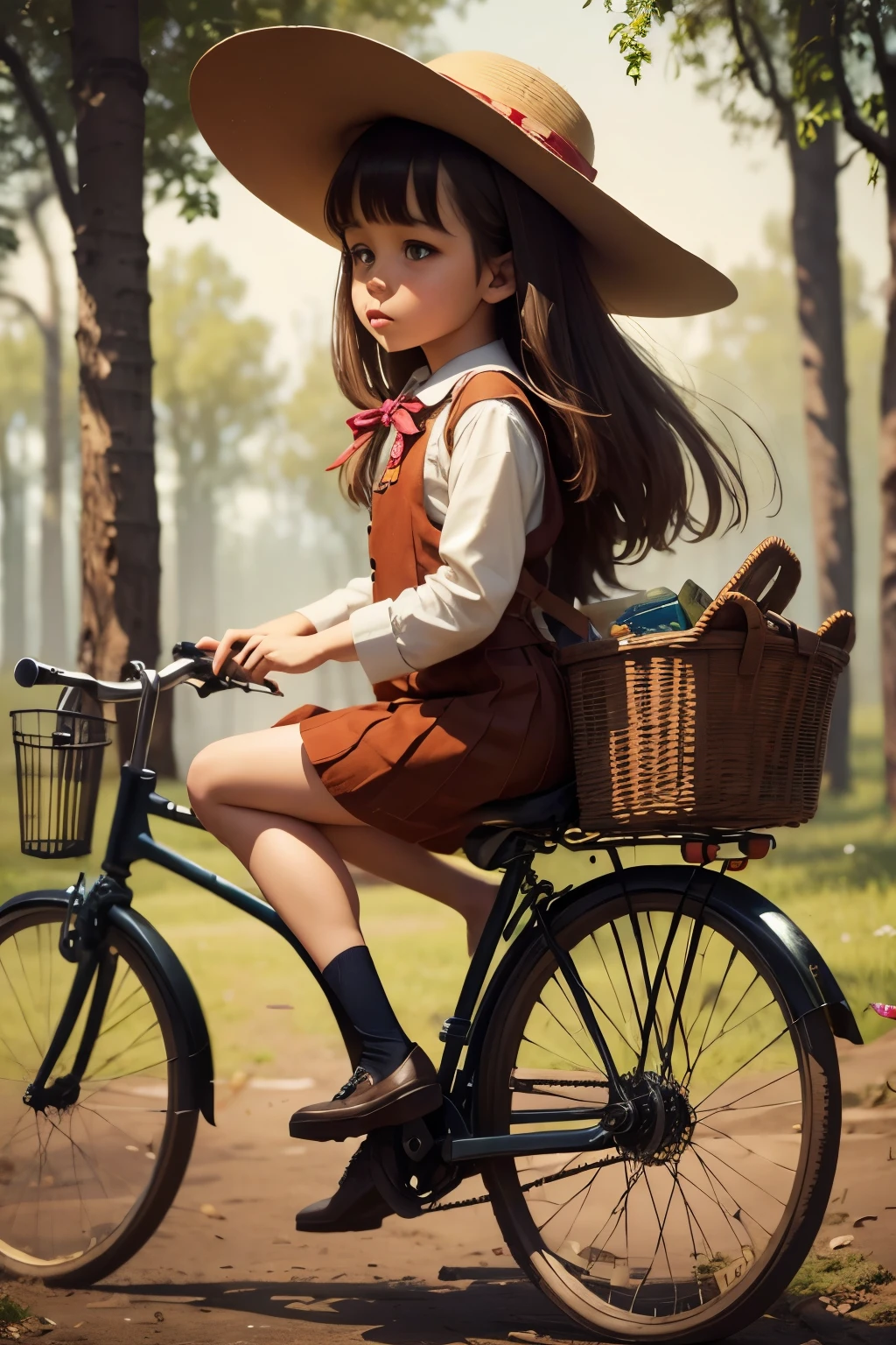 Neo Surrealism, magical realism bizarre art, pop surrealism, whimsical art. Generate an illustration of a painting of a girl with hat riding an old fashioned bicycle on the magic forest