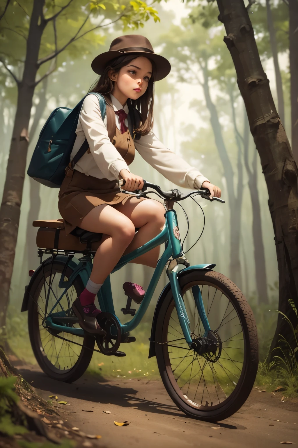 Neo Surrealismo, realismo mágico arte bizarra, surrealismo pop, Arte caprichosa. Gere uma ilustração de uma pintura de uma garota com chapéu andando de bicicleta à moda antiga na floresta mágica