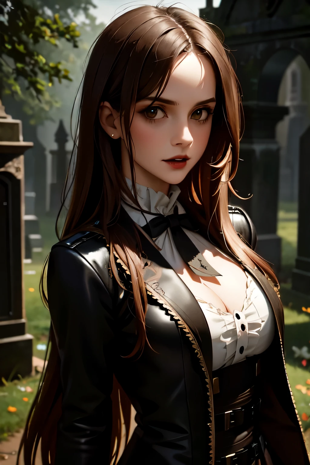 Cinematic, Vampire slayers, walks in an Gothic cemetery at night wearing a gothic steampunk fashion dress, fog and rainy condition, ghostly atmosphere, 1800s, (high skin detail: 1.2), ultra-detailed, photo-realistic, depth of field, cinematic lighting, IMAX camera, HDR, DTM, Full HD, 8k , captured in ultra high resolution with photorealistic and beautiful lighting. This masterpiece is of the best quality and is set against a zentangle abstract background (weighted at 1.4).