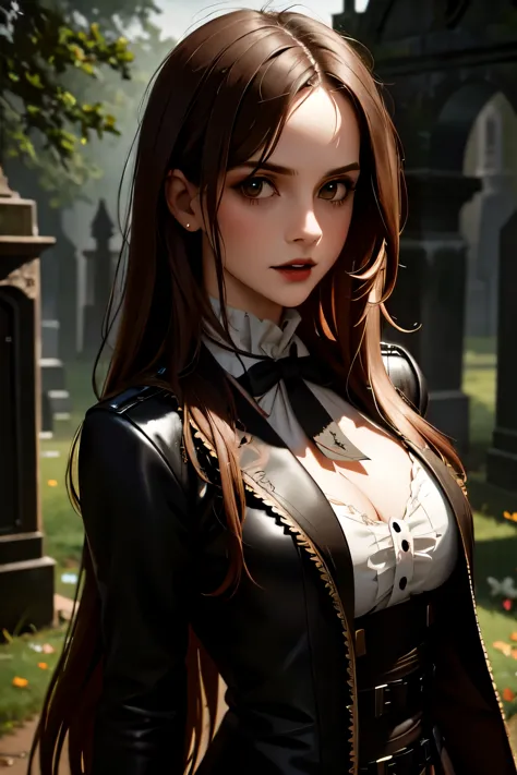 Cinematic, Vampire slayers, walks in an Gothic cemetery at night wearing a gothic steampunk fashion dress, fog and rainy conditi...