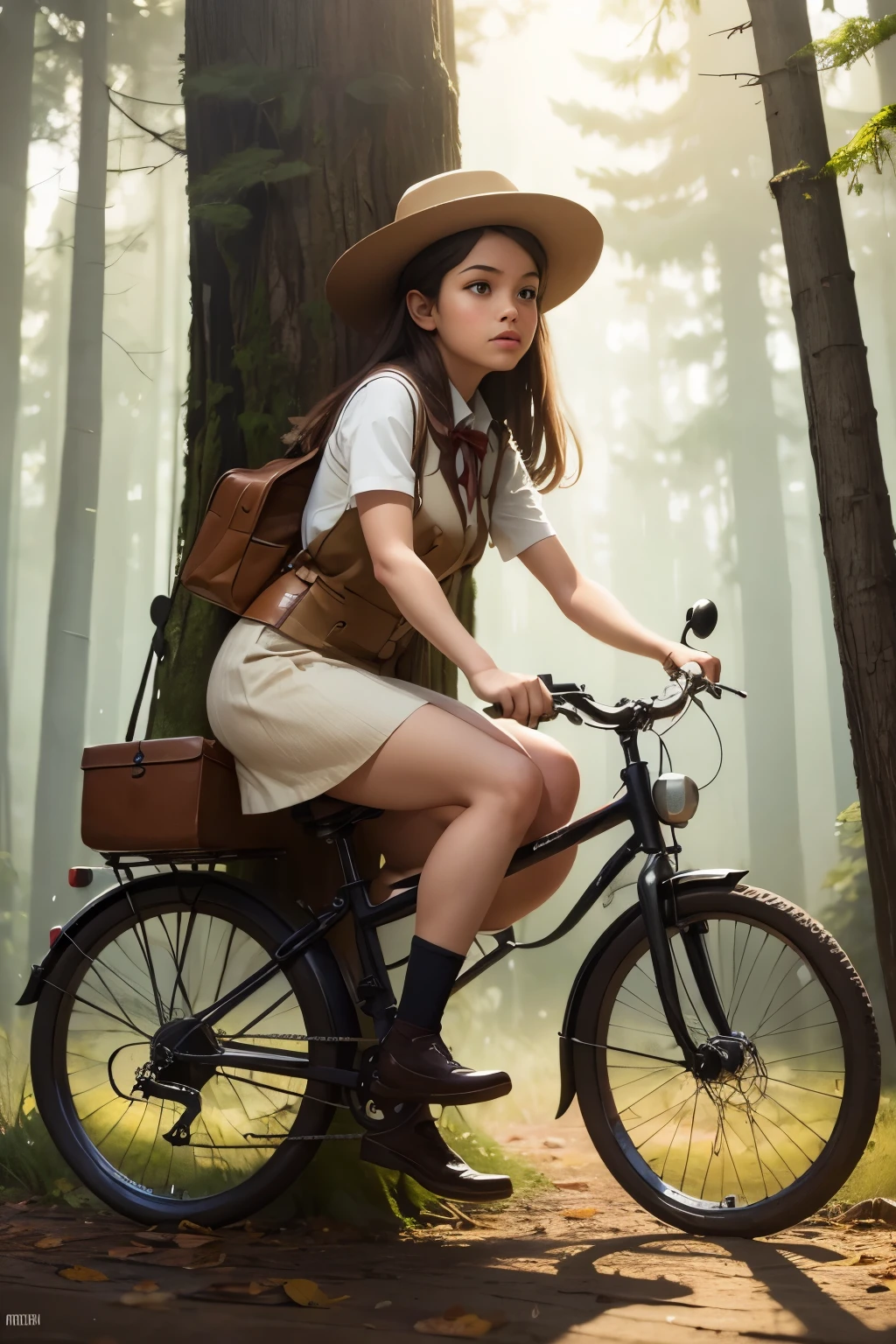 Нео-сюрреализм, магический реализм причудливое искусство, поп-сюрреализм, причудливое искусство. Создайте иллюстрацию картины девушки в шляпе, едущей на старомодном велосипеде по волшебному лесу.