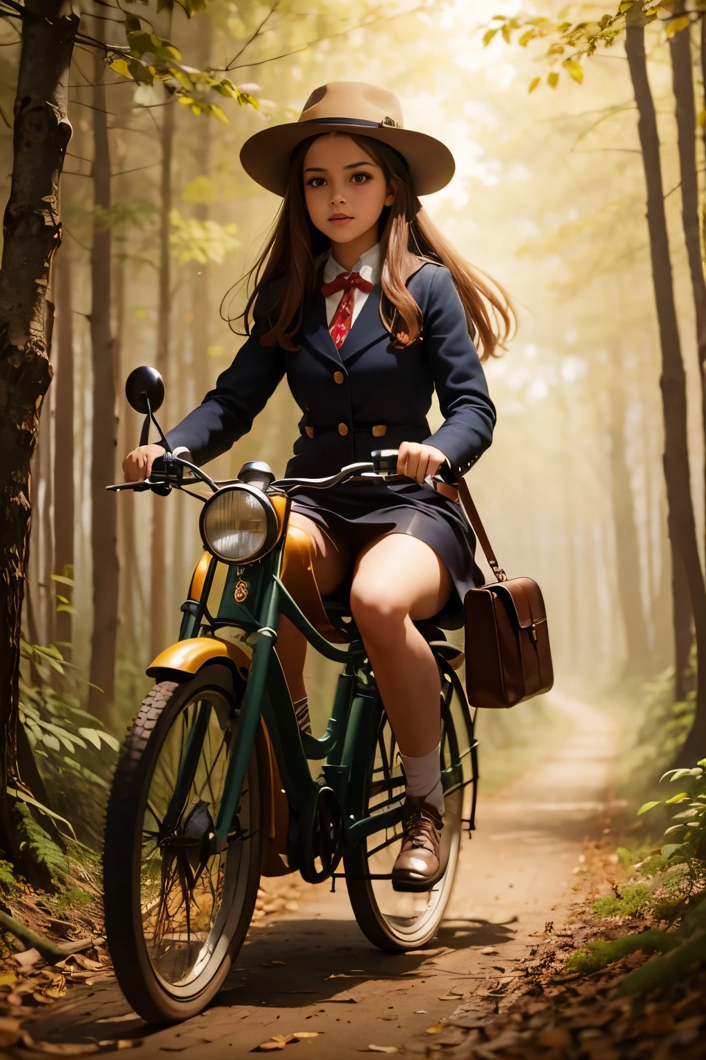 Neo Surrealism, magical realism bizarre art, pop surrealism, whimsical art. Generate an illustration of a painting of a girl with hat riding an old fashioned bicycle on the magic forest