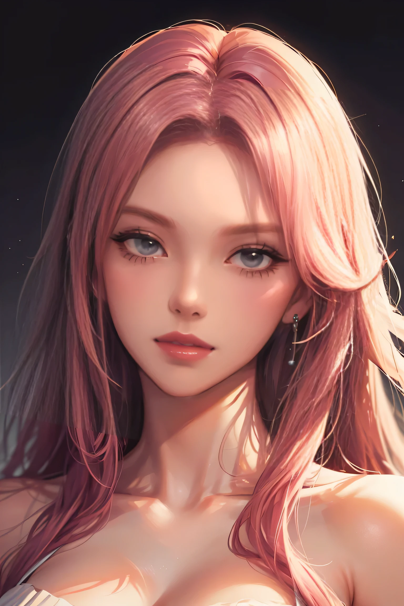 a girl with long pink hair, beautiful detailed eyes, beautiful detailed lips, extremely detailed face and eyes, long eyelashes, cinematic modern side-swept blush lighting, ray tracing, parallel shadow, wide shot, high detail, textured skin, 4k best quality, photorealistic, vivid colors, masterpiece, digital art