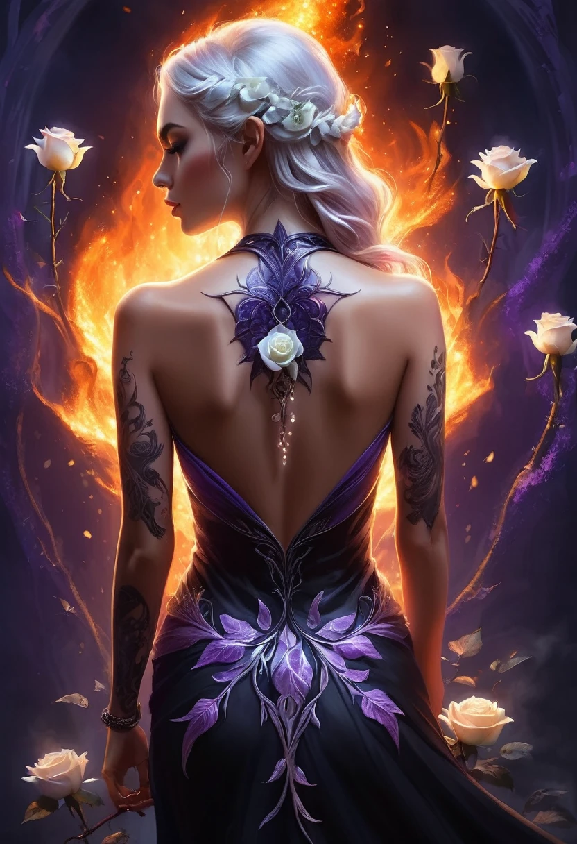 Arafed, Dark fantasy art, fantasy art, goth art, a picture of a tattoo on the back of a female elf, a glowing tattoo of a ((white rose: 1.3)) on the elf's back, the ((rose tattoo)) is vivid, intricate detailed coming to life from the ink to real life, GlowingRunesAI_purple, ((fire surrounds the rose petals: 1.5)), shoot taken from the back, ((the back is visible: 1.3), she wears a transparent black dress, the dress is elegant, flowing, elven style, that the tattoos glow, dynamic hair color, dynamic hair style, faize,, Digital Painting