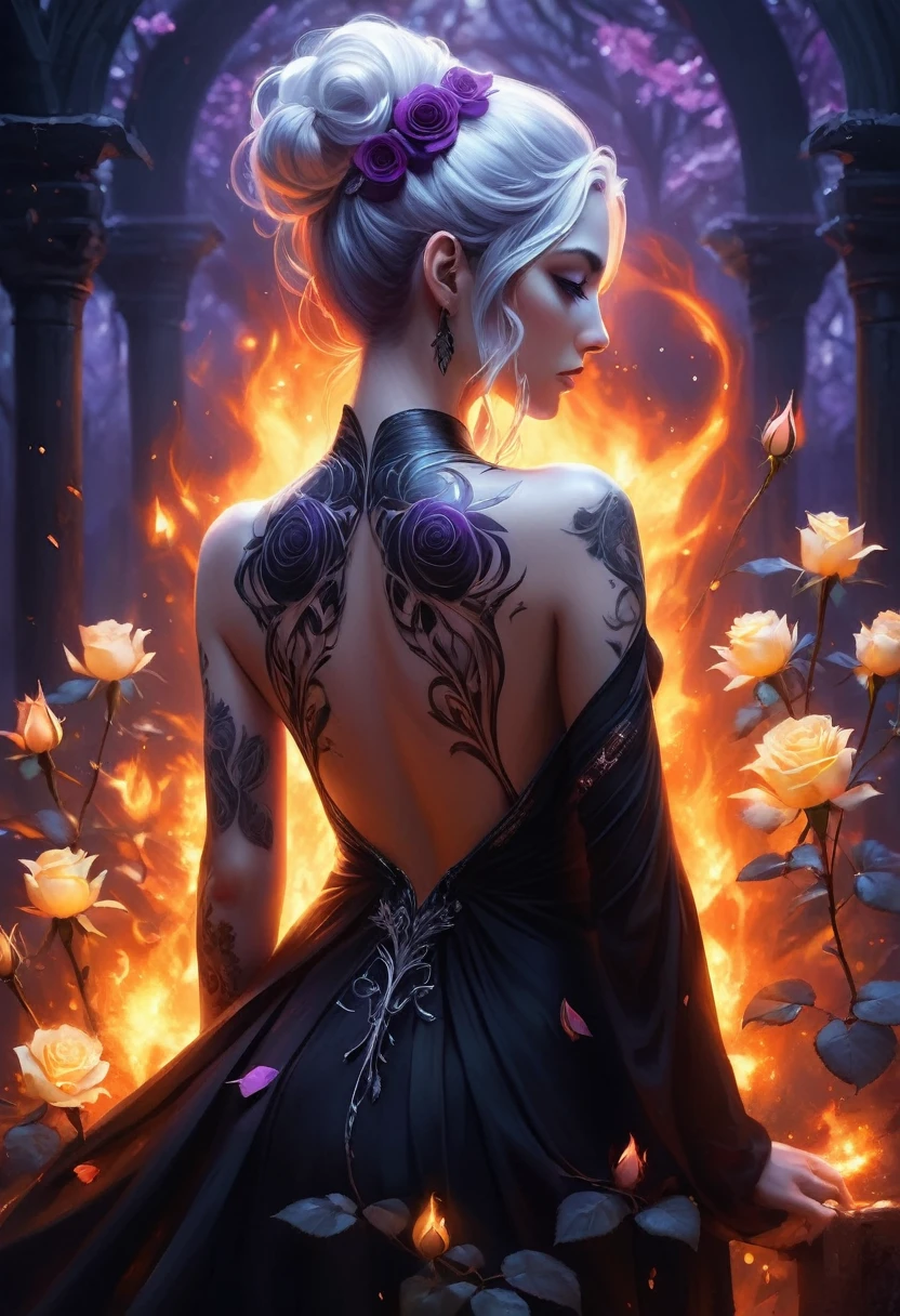 Arafed, Dark art fantastique, art fantastique, art gothique, a picture of a tattoo on le back of a female elf, un tatouage brillant d&#39;un ((rose blanche: 1.3)) on le elf's back, le ((Tatouage de roses)) est vif, intricate detailed coming to life from le ink to real life, GlowingRunesAI_violet, ((fire surrounds le rose petals: 1.5)), shoot taken from le back, ((le back is visible: 1.3), elle porte une robe noire transparente, le dress is elegant, écoulement, style elfique, that le tattoos glow, couleur de cheveux dynamique, coiffure dynamique, intéresser,, peinture numérique