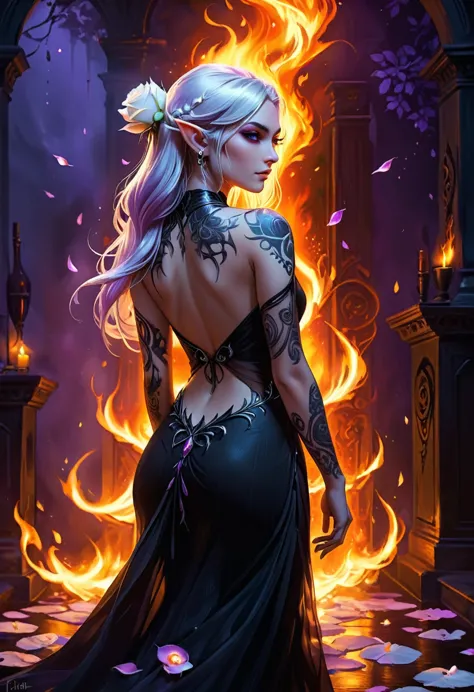 Arafed, Dark fantasy art, fantasy art, goth art, a picture of a tattoo on the back of a female elf, a glowing tattoo of a ((whit...