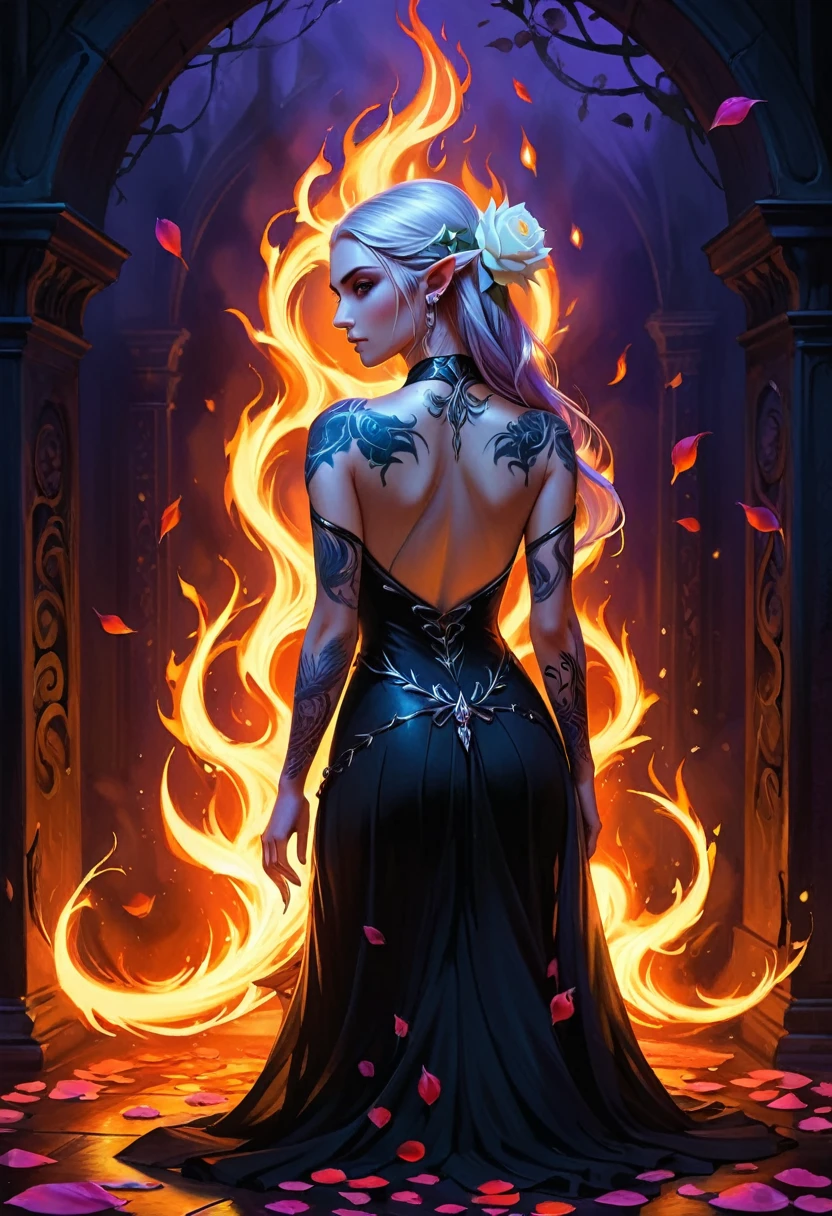 Arafed, Dark fantasy art, fantasy art, goth art, a picture of a tattoo on the back of a female elf, a glowing tattoo of a ((white rose: 1.3)) on the elf's back, the ((rose tattoo)) is vivid, intricate detailed coming to life from the ink to real life, GlowingRunesAI_purple, ((fire surrounds the rose petals: 1.5)), shoot taken from the back, ((the back is visible: 1.3), she wears a transparent black dress, the dress is elegant, flowing, elven style, that the tattoos glow, dynamic hair color, dynamic hair style, faize,, Digital Painting