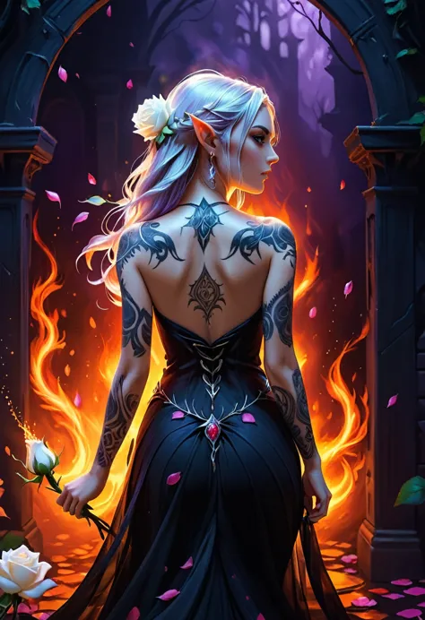 arafed, dark fantasy art, fantasy art, goth art, a picture of a tattoo on the back of a female elf, a glowing tattoo of a ((whit...