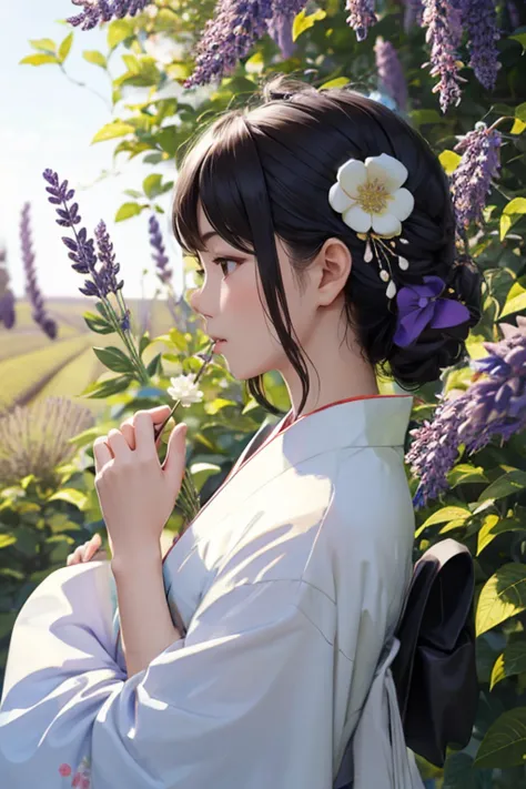 Blooming lavender fields,Lavender hair accessory,White floral kimono