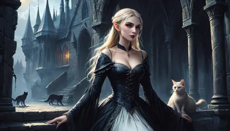 arafed a picture of elf vampire in her castle and her pet epic cat an exquisite beautiful female elf vampire (ultra details, mas...