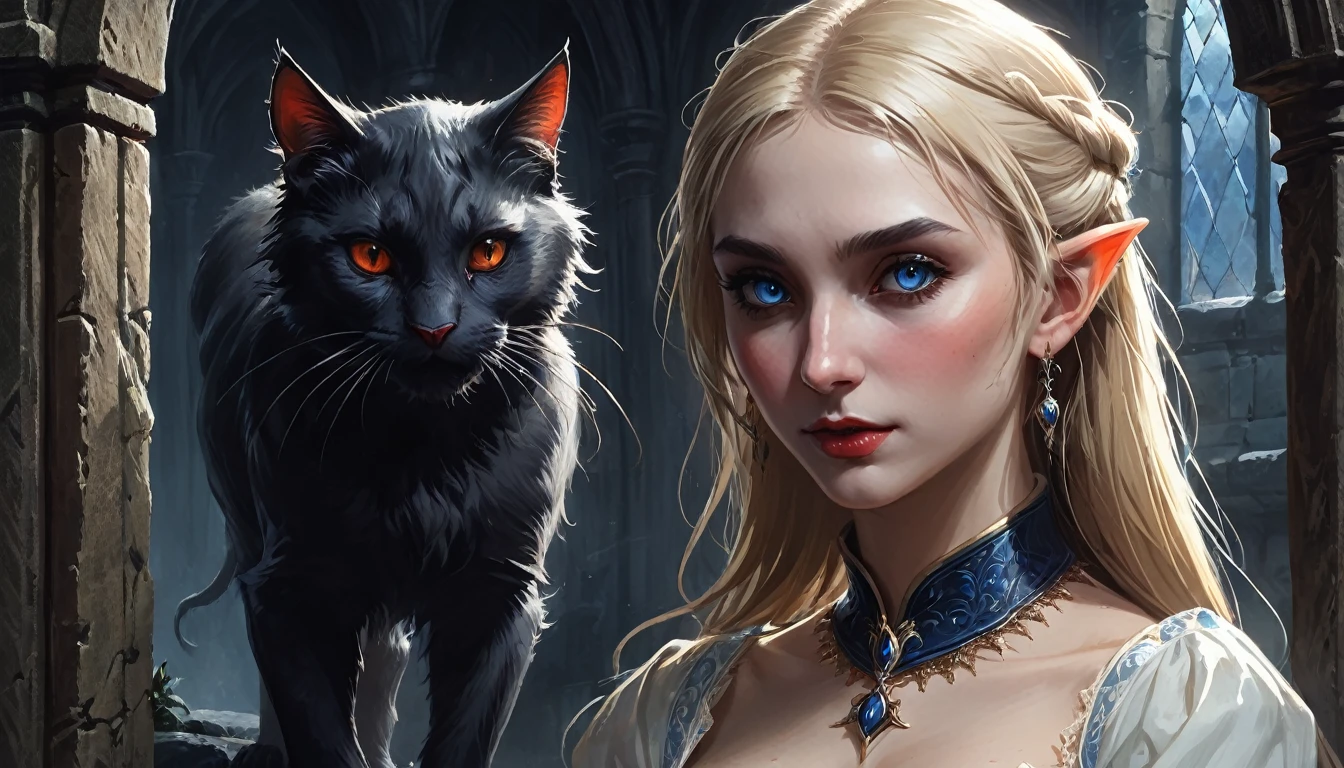 Arafed ein Bild von Elf Vampir in ihrem Schloss und ihre Haustier epische Katze eine exquisite schöne weibliche Elf Vampir (ultra details, Meisterwerk, beste Qualität), blutiger Mund, blonde Haare, blasse Haut, Haare in einem Pferdeschwanz, lange Haare, blaue Augen, kalte Augen, grinsend, trägt weißes Kleid (ultra details, Meisterwerk, beste Qualität), Roter Umhang, in der Dark Fantasy Bibliothek, mit einem ((große Katze: 1.3)) (ultra details, Meisterwerk, beste Qualität: 1.5) Bücherregale, Arafed hohe Details, beste Qualität, 16k, [Extrem detailliert], Meisterwerk, beste Qualität, (Extrem detailliert), Ganzkörper, Ultraweite Aufnahme, Fotorealismus, Roh, dunkle Fantasy-Kunst, gotische Kunst, Gepanzertes Kleid, dunkler Roman, Malstil der dunklen Kunst, Bloodborne