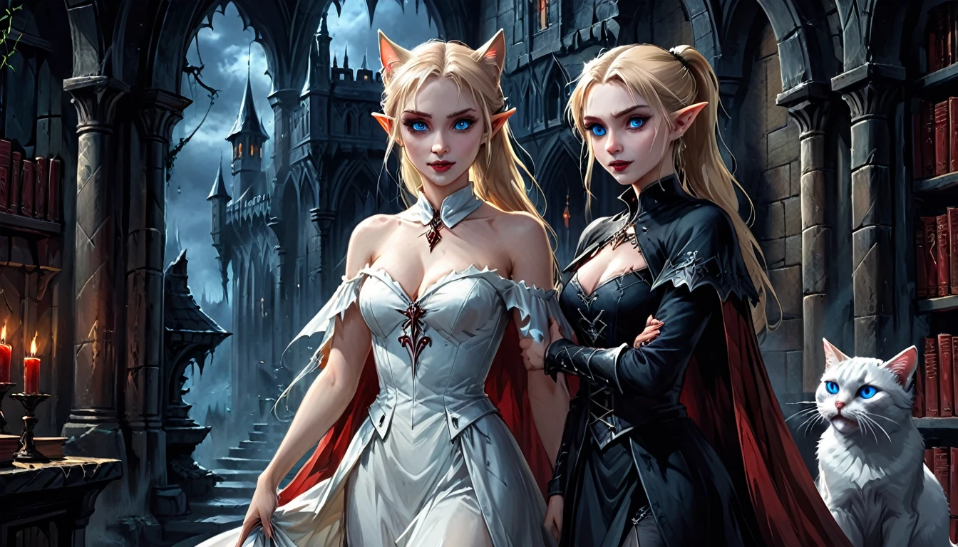 arafed a picture of elf vampire in her castle and her pet epic cat an exquisite beautiful female elf vampire (ultra details, Masterpiece, best quality), bloody mouth blond hair, pale skin, hair in a ponytail, long hair, blue eyes, cold eyes, smirking, wearing white dress (ultra details, Masterpiece, best quality), red cloak, in dark fantasy library, with an ((big cat: 1.3)) (ultra details, Masterpiece, best quality: 1.5) book shelves, arafed high details, best quality, 16k, [ultra detailed], masterpiece, best quality, (ultra detailed), full body, ultra wide shot, photorealism, RAW, dark fantasy art, gothic art, ArmoredDress, Dark Novel, Dark Art Painting Style, Bloodborne