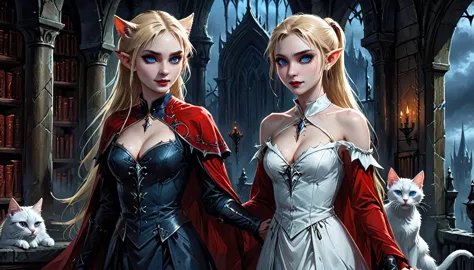 arafed a picture of elf vampire in her castle and her pet epic cat an exquisite beautiful female elf vampire (ultra details, Mas...