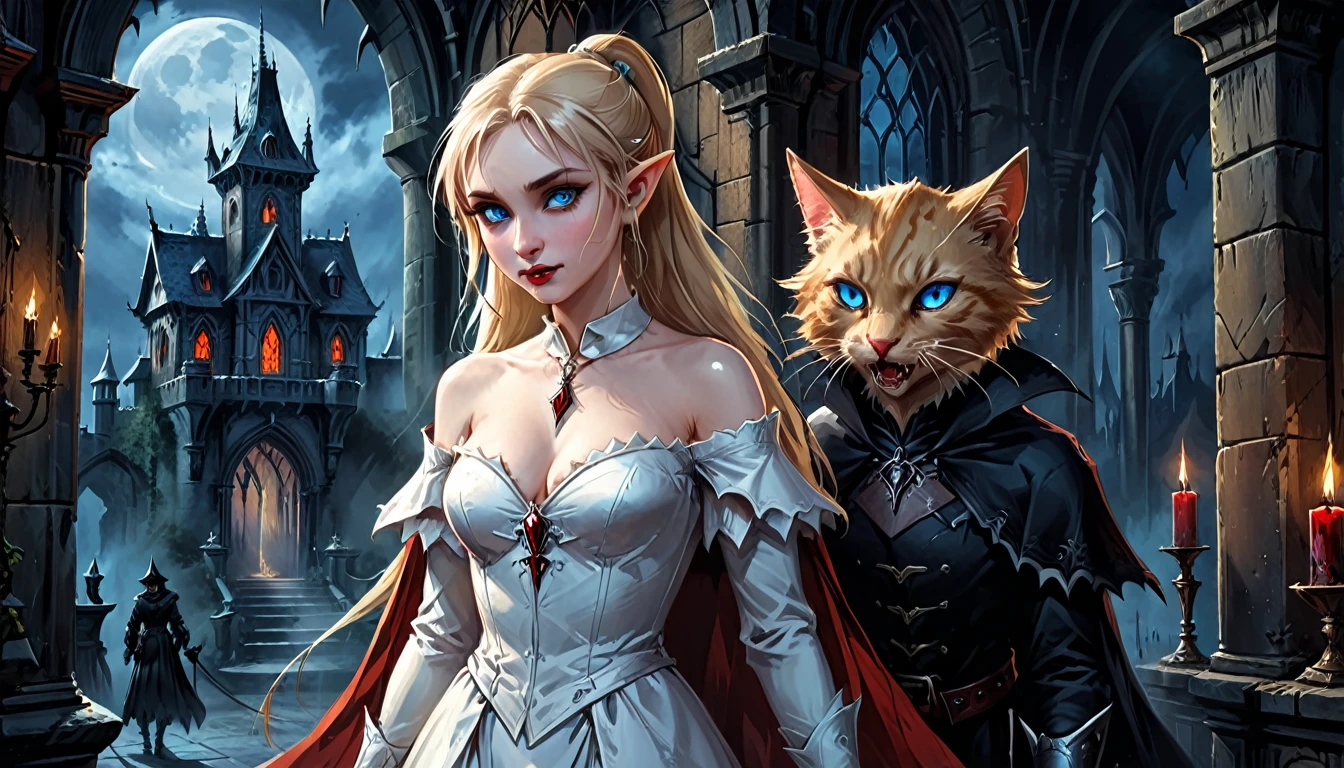 arafed 是一张精灵吸血鬼在她的城堡里的照片，还有她的宠物史诗猫，一只精致美丽的女精灵吸血鬼 (超详细, 杰作, 最好的质量), 血腥的嘴 金发, 皮肤苍白, 扎马尾辫, 长发, 蓝眼睛, 冰冷的目光, 傻笑, 穿着白色连衣裙 (超详细, 杰作, 最好的质量), 红色斗篷, 在黑暗幻想图书馆, 与 ((大猫: 1.3)) (超详细, 杰作, 最好的质量: 1.5) 书架, arafed 高细节, 最好的质量, 16千, [极其详细], 杰作, 最好的质量, (极其详细), 全身, 超广角拍摄, 照相写实主义, 生的, 黑暗幻想艺术, 哥特式艺术, 装甲服, 黑暗小说, 黑暗艺术绘画风格, 血源诅咒