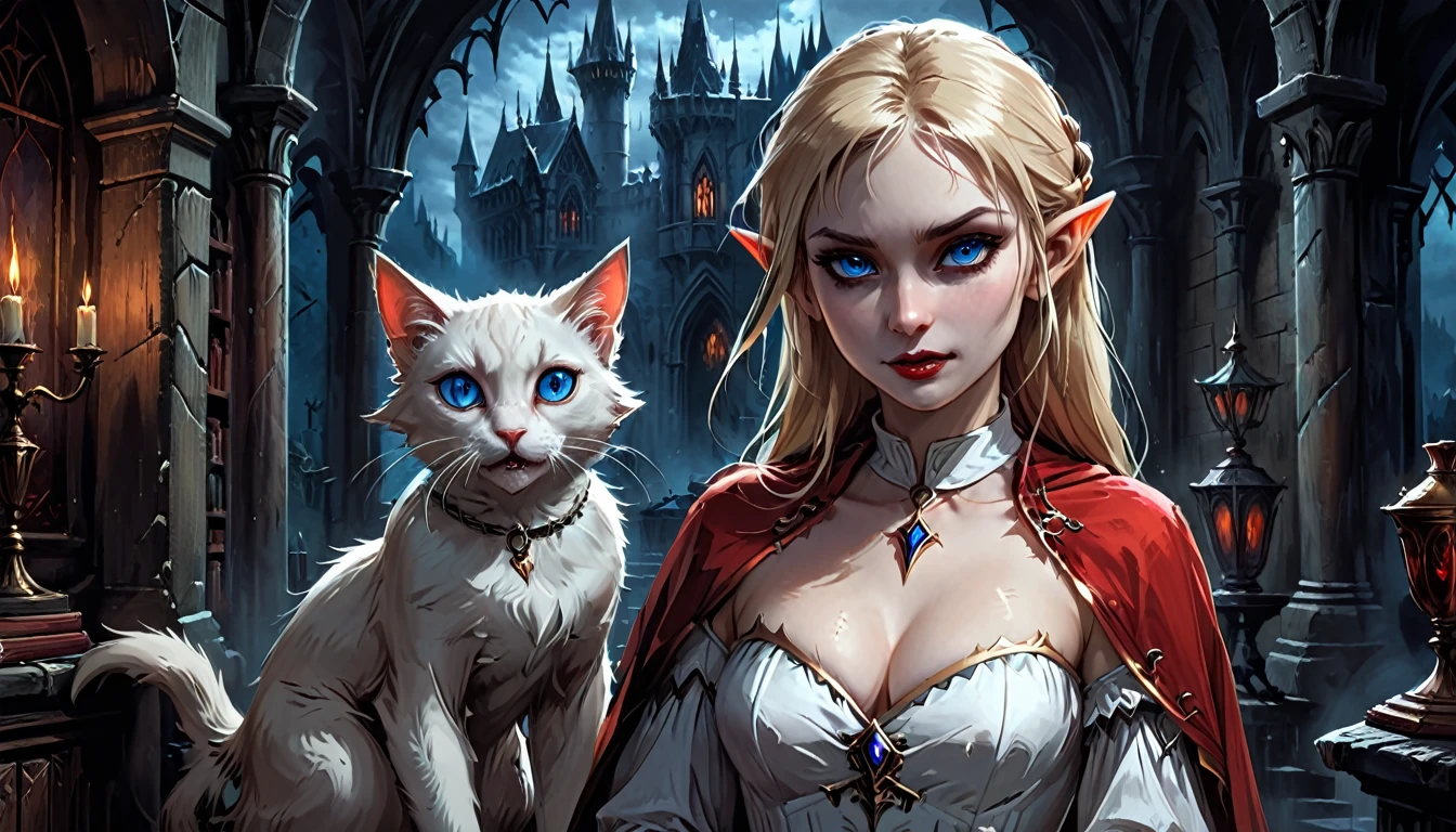 arafed 是一张精灵吸血鬼在她的城堡里的照片，还有她的宠物史诗猫，一只精致美丽的女精灵吸血鬼 (超详细, 杰作, 最好的质量), 血腥的嘴 金发, 皮肤苍白, 扎马尾辫, 长发, 蓝眼睛, 冰冷的目光, 傻笑, 穿着白色连衣裙 (超详细, 杰作, 最好的质量), 红色斗篷, 在黑暗幻想图书馆, 与 ((大猫: 1.3)) (超详细, 杰作, 最好的质量: 1.5) 书架, arafed 高细节, 最好的质量, 16千, [极其详细], 杰作, 最好的质量, (极其详细), 全身, 超广角拍摄, 照相写实主义, 生的, 黑暗幻想艺术, 哥特式艺术, 装甲服, 黑暗小说, 黑暗艺术绘画风格, 血源诅咒