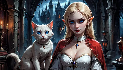 arafed a picture of elf vampire in her castle and her pet epic cat an exquisite beautiful female elf vampire (ultra details, Mas...