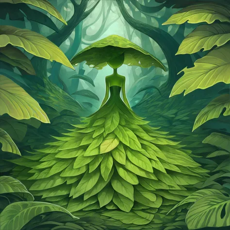 abaca slime girl made of vivid green and rich green slime and covered and dressed in large leaves standing in a giant leaf fores...