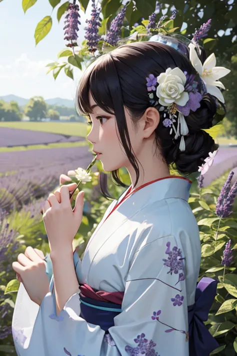 Blooming lavender fields,White floral kimono,Lavender flower hair ornament