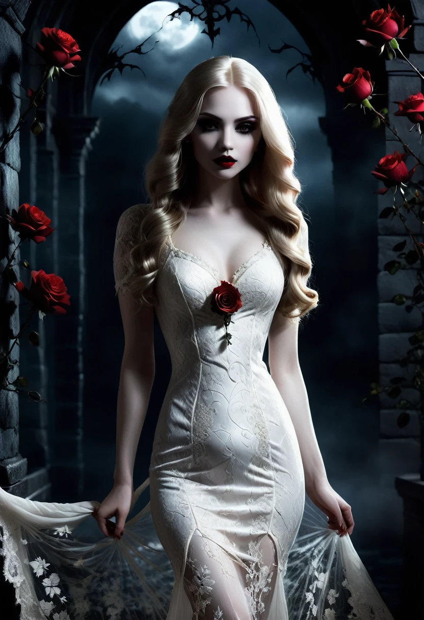 Dark fantasy art, fantasy art, goth art,  a picture of a female vampire, exquisite beauty, full body shot, dark glamour shot,  pale white skin, dark blond hair, long hair, wavy hair, (glowing grey: 1.3) eyes,  she  wears a (white lace dress: 1.3) exquisite, beautiful, half sheer dress, ((white lace: 1.5)) dress (intense details, Masterpiece, best quality: 1.5), ArmoredDress, the roses are imprinted on the dress (black: 1.4)  black roses betmd, high heells, dark castle porchm, dark, black and color