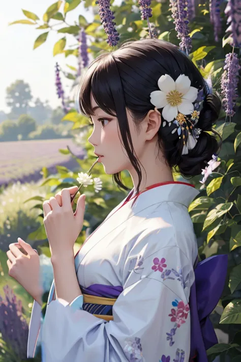Lavender flower field,White floral kimono,Lavender flower hair ornament