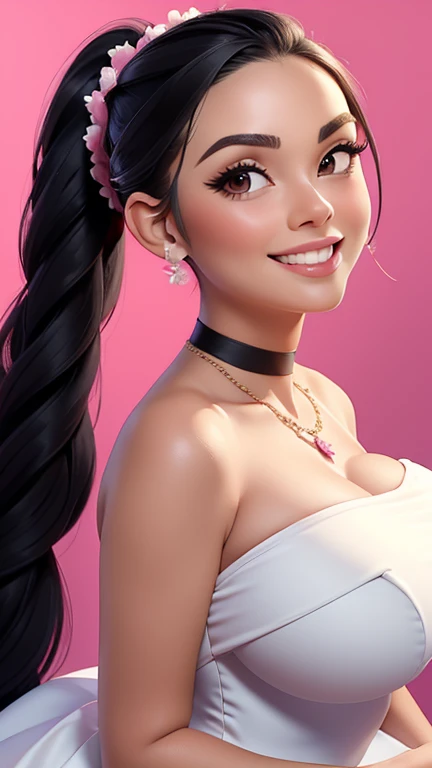 (((masterpiece face))), (((perfect face))), (beautiful face))), black hair, very long ponytail, French braid through ponytail, big tits, massive tits, huge , smile, debutante dress, debutante gown,  bimbo, Close up, necklace, hot pink dress, choker, flowers, flower on dress,