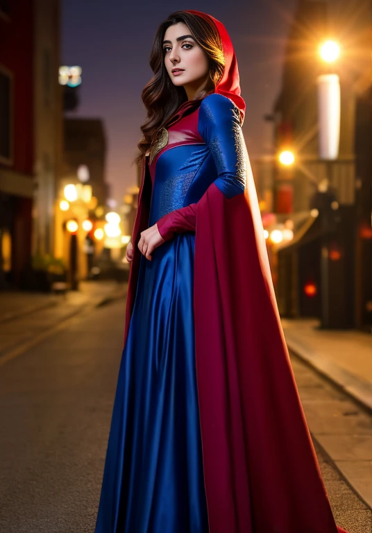 Arafed woman in a red cape and blue dress standing on a street, maya ali as d&d sorcerer, maya ali as ad&d sorcerer, maya ali as d&D mago, Maya Ali as a cybernetic sorceress, Hood and cape, dressed in a beautiful red cape, maya ali as a sorcerer