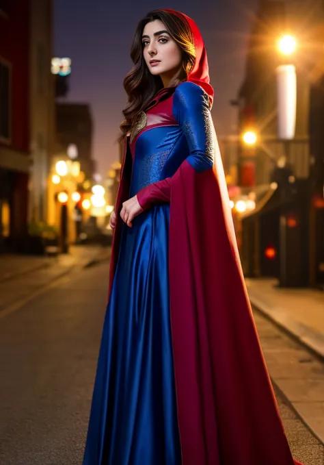 Arafed woman in a red cape and blue dress standing on a street, maya ali as d&d sorcerer, maya ali as ad&d sorcerer, maya ali as...