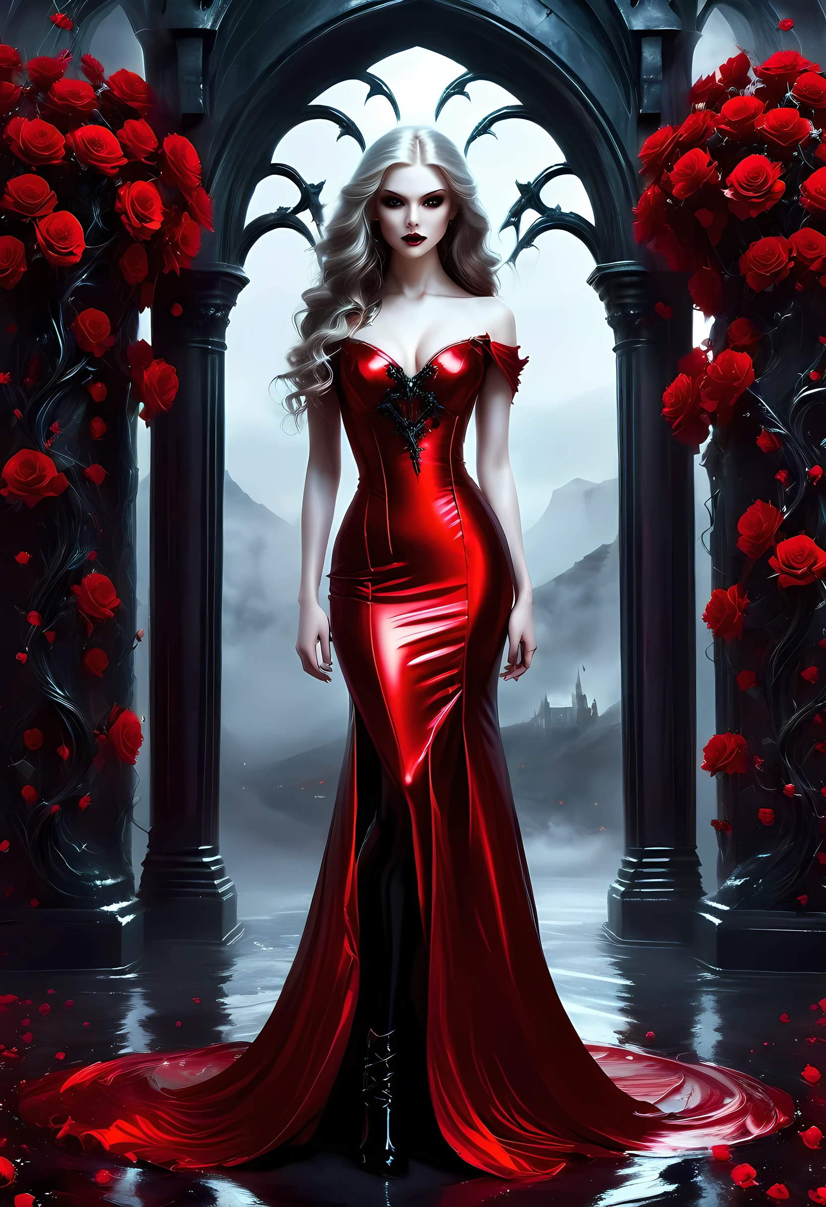 Dark art fantastique, art fantastique, art gothique,  une photo d&#39;une femme vampire, beauté exquise, Prise de vue complète du corps, photo sombre et glamour,  peau blanche pâle, cheveux blond foncé, cheveux longs, cheveux ondulés, (gris glacé: 1.3) yeux,  elle porte un (rouge: 1.3) robe, ArmorougeDress, enlacé avec (noir: 1.3)  roses pariées, talons hauts, porche sombre du château, nébuleuse enragée