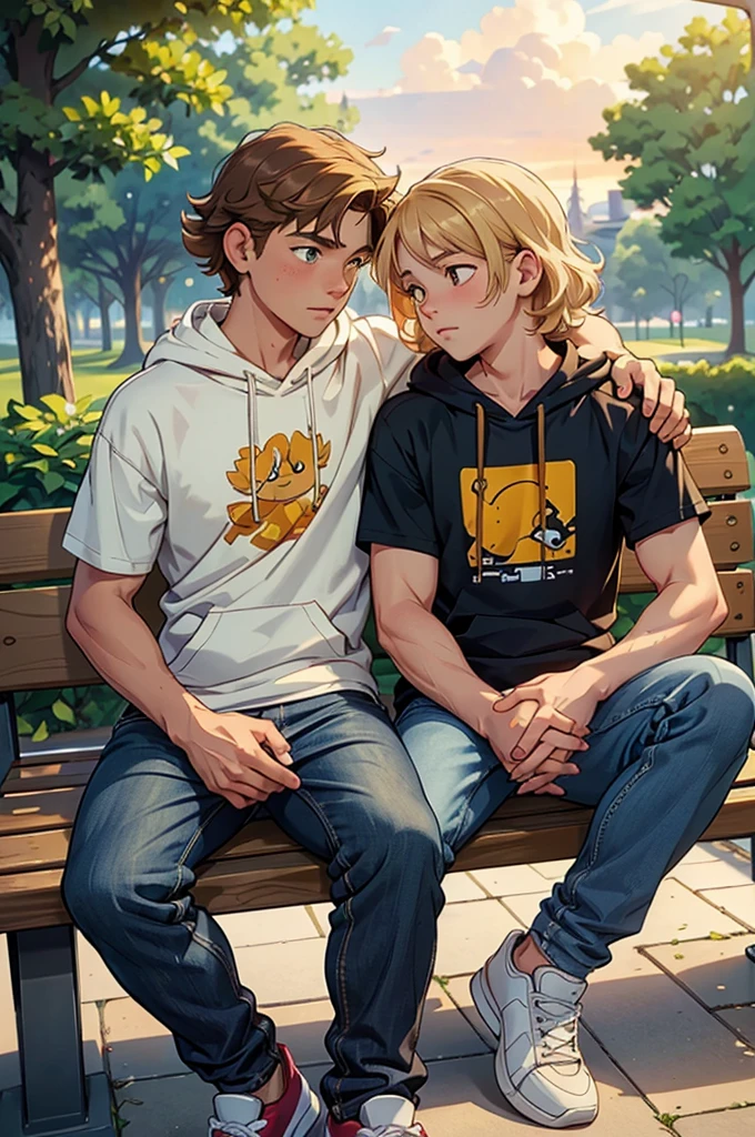 Create a heartwarming illustration of Nick and Charlie sitting on a bench. Nick is a tall, athletic teenager with short, wavy blond hair and a kind expression. He often wears casual clothing like jeans and a t-shirt. Charlie is slightly shorter,caucasian, with dark curly hair and a more slender build. He has a gentle, thoughtful expression and often wears a hoodie and sneakers. The background should be a peaceful park setting with soft lighting, possibly during sunset, to give a warm and serene atmosphere. The characters should be sitting close together, perhaps holding hands or with their shoulders touching, to emphasize their close bond.