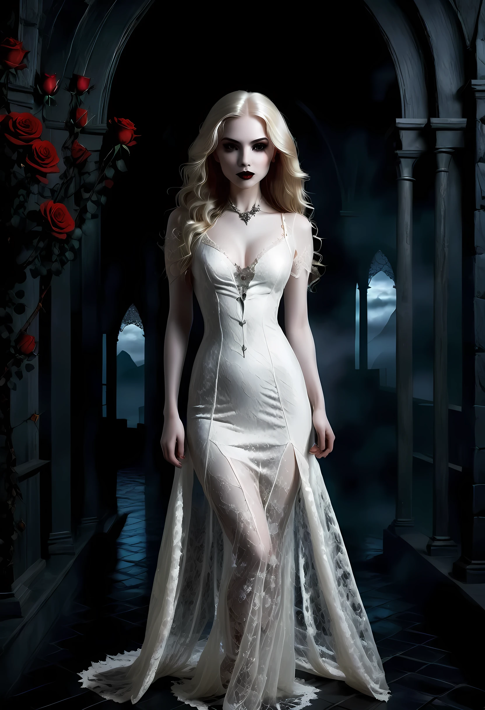 Dark fantasy art, fantasy art, goth art,  a picture of a female vampire, exquisite beauty, full body shot, dark glamour shot,  pale white skin, dark blond hair, long hair, wavy hair, (glowing grey: 1.3) eyes,  she  wears a (white lace dress: 1.3) exquisite, beautiful, half sheer dress, ((white lace: 1.5)) dress (intense details, Masterpiece, best quality: 1.5), ArmoredDress, the roses are imprinted on the dress (black: 1.4)  black roses betmd, high heells, dark castle porchm, dark, black and color