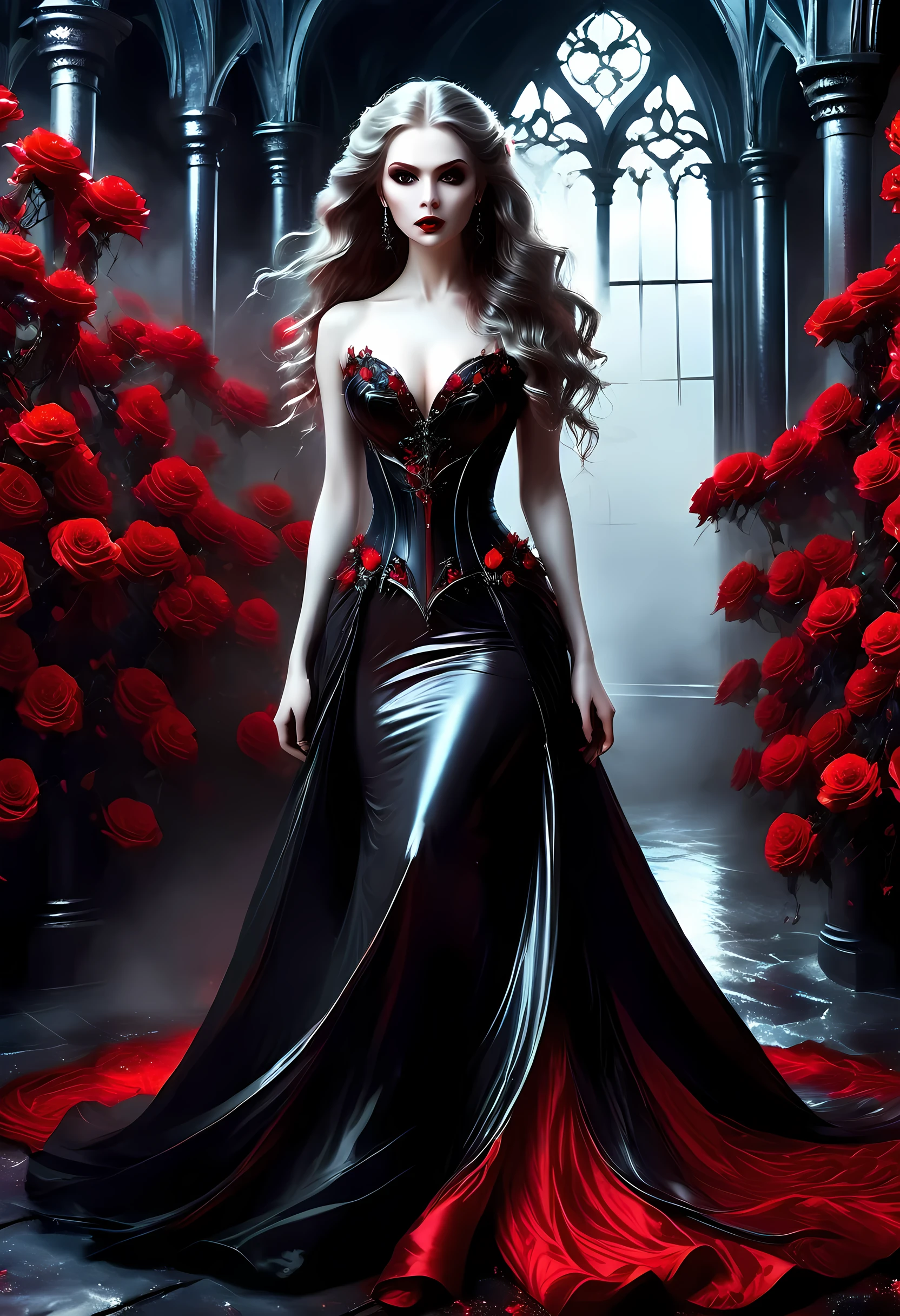 Dark art fantastique, art fantastique, art gothique,  une photo d&#39;une femme vampire, beauté exquise, Prise de vue complète du corps, photo sombre et glamour,  peau blanche pâle, cheveux blond foncé, cheveux longs, cheveux ondulés, (gris glacé: 1.3) yeux,  elle porte un (rouge: 1.3) robe, ArmorougeDress, enlacé avec (noir: 1.3)  roses pariées, talons hauts, porche sombre du château, nébuleuse enragée