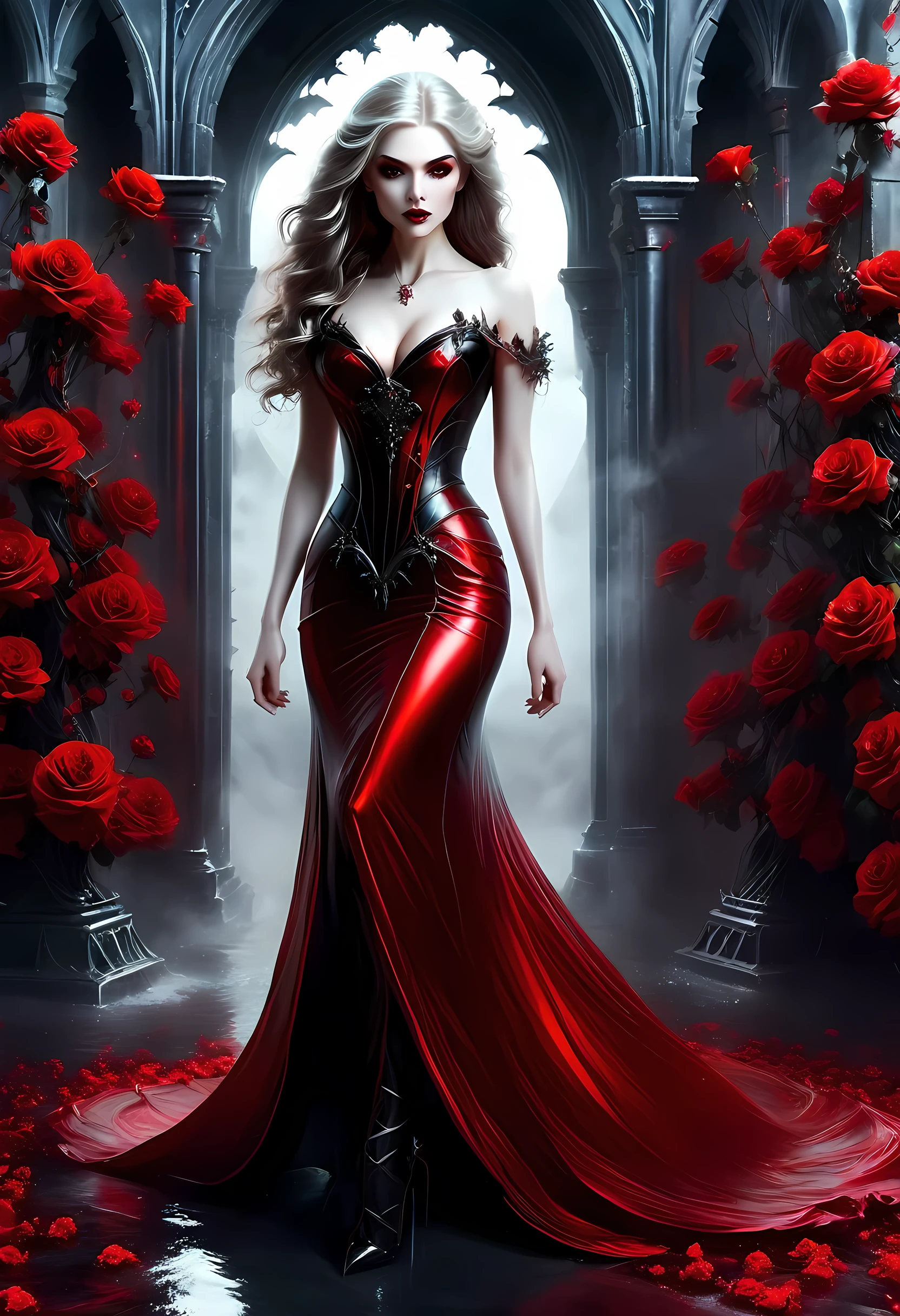 Dark art fantastique, art fantastique, art gothique,  une photo d&#39;une femme vampire, beauté exquise, Prise de vue complète du corps, photo sombre et glamour,  peau blanche pâle, cheveux blond foncé, cheveux longs, cheveux ondulés, (gris glacé: 1.3) yeux,  elle porte un (rouge: 1.3) robe, ArmorougeDress, enlacé avec (noir: 1.3)  roses pariées, talons hauts, porche sombre du château, nébuleuse enragée