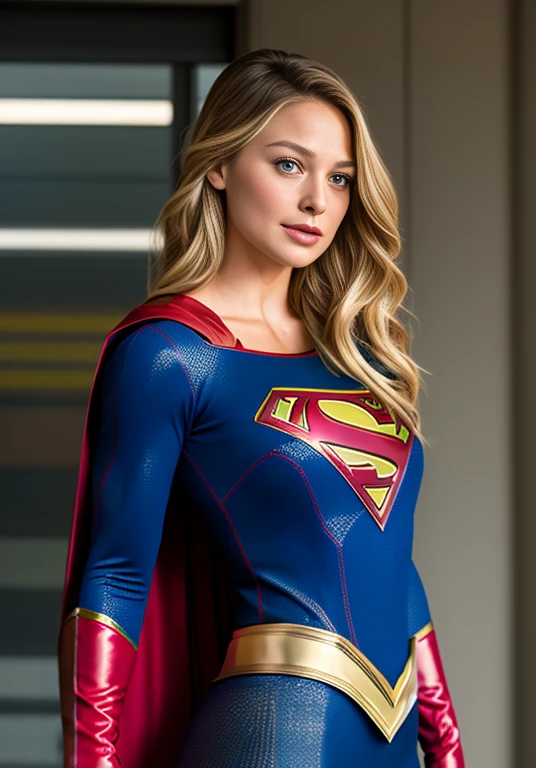 Close-up of a blonde woman in a Superman costume posing, superchica, Melissa Benoist as superchica, super-hero girl, gal gadot as superchica, superman pose, Super realistic photo, superhero body, superheroine costume, the super hot and sexy, Margot Robbie as Wonder Woman, powerful girl, super model, female superhero proportions, no text, super hero pose