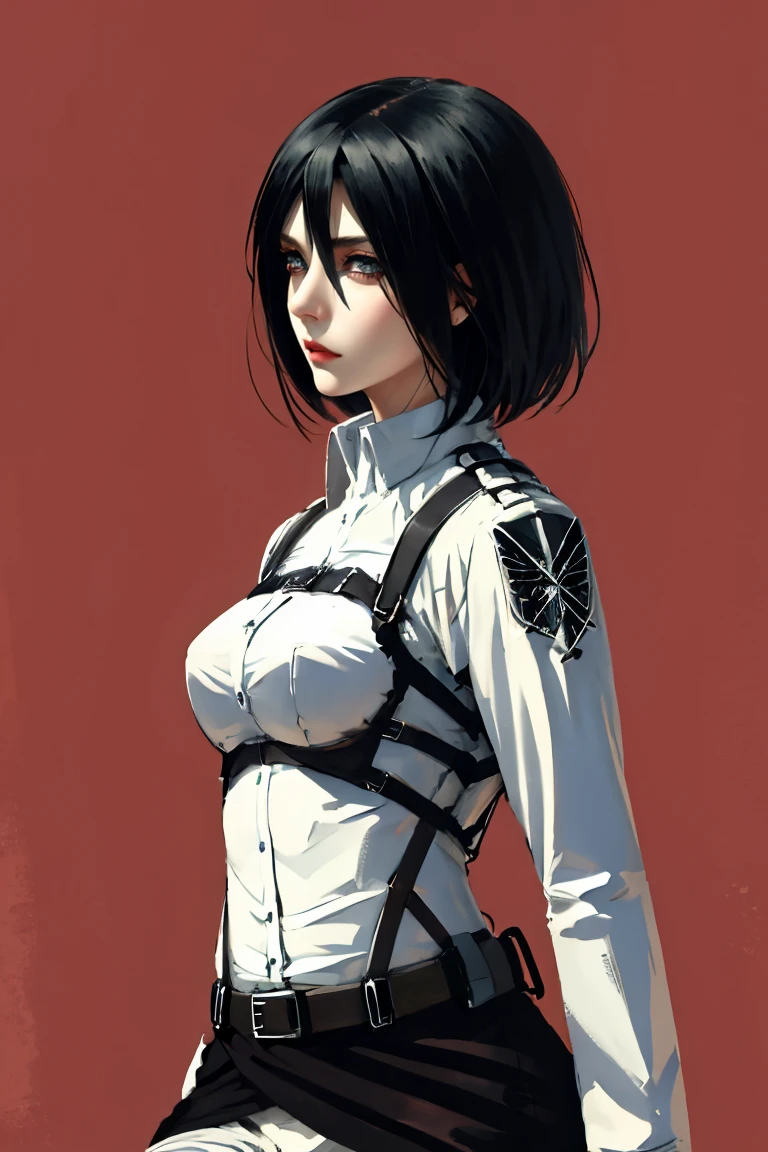 close up of face, score_9, score_8_up, score_7_up, BREAK source_anime, adult mikasa ackerman, black eyes, black hair, short hair, medium breasts, military uniform, armor, belt, thigh strap, gothic girl.