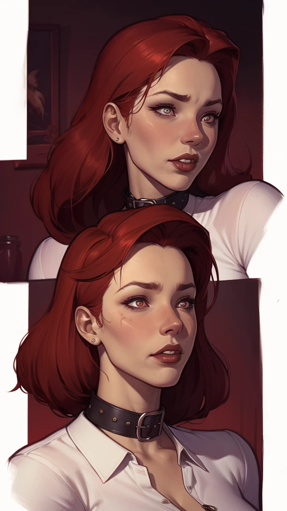 a cartoon image of a woman with red hair and a white shirt, fofosexyrobutts, cushart krenz arte chave feminino, krenz cushart and artgerm, artgerm and lois van baarle, comic pinup style, Estilo Ivan Talavera e Artgerm, arte pin-up, Extremely detailed Artgerm, artgermo style drawing of a woman with blood on her face and a bloody collar, charlie bowater art style, arte do personagem Charlie Bowater, lois van rossdraws, Ross Draws 1. 0, female vampire, Carmilla Vampira, artgerm e rossdraws, style of charlie bowater, Vampire girl, Ross Draws 2. 0, Retrato de RossDraws, vampire portrait