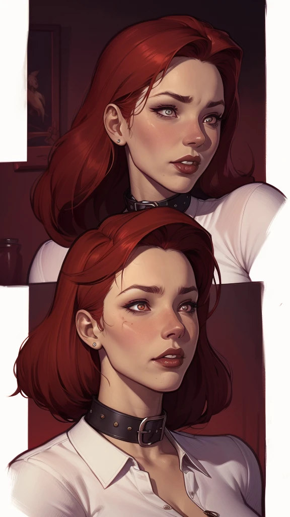 Una imagen de dibujos animados de una mujer con el pelo rojo y una camisa blanca, fofosexyrobutts, cushart krenz arte clave femenino, Krenz Cushart y Artgerm, artgerm y lois van baarle, estilo pin-up cómico, Estilo Ivan Talavera e Artgerm, arte pin-up, Artgerm extremadamente detallado, Dibujo estilo artgermo de una mujer con sangre en la cara y un cuello ensangrentado., estilo artístico de charlie bowater, Arte de personaje de Charlie Bowater, lois van ross dibuja, Ross dibuja 1. 0, Vampiro femenino, Carmilla Vampira, artgerm y rossdraws, estilo de charlie bowater, chica vampiro, Ross dibuja 2. 0, Retrato de RossDraws, retrato de vampiro