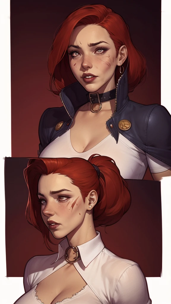 a cartoon image of a woman with red hair and a white shirt, fofosexyrobutts, cushart krenz arte chave feminino, krenz cushart and artgerm, artgerm and lois van baarle, comic pinup style, Estilo Ivan Talavera e Artgerm, arte pin-up, Extremely detailed Artgerm, artgermo style drawing of a woman with blood on her face and a bloody collar, charlie bowater art style, arte do personagem Charlie Bowater, lois van rossdraws, Ross Draws 1. 0, female vampire, Carmilla Vampira, artgerm e rossdraws, style of charlie bowater, Vampire girl, Ross Draws 2. 0, Retrato de RossDraws, vampire portrait