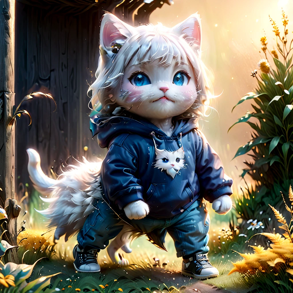 best quality, detailed, hyper detailed, beautiful, 8K, absurdres, village, a kitty, happy, smiling, standing, looking to the right, white hair, blue eyes, chibi, plump, hoodie, jeans, 5-year-old, in the grassland, in the afternoon, fantasy, photorealistic, ultra realistic photo, 3D render, anthropomorphism, full body shot, on right, wide view, rule of thirds, midday, shining lights, dramatic lighting, volumetric lighting, depth of field, dramatic contrast, DarkGoldenrod