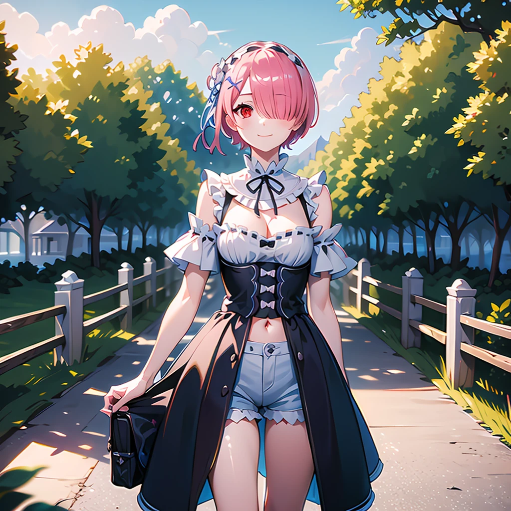 masterpiece, best quality, highres, ram1, 1girl, solo, rem \(re:zero\), pink hair, short hair, red eyes, hair over one eye, ribbon trim, hair ribbon, x hair ornament, frills, crop top white, denim shorts,medium breasts, cleavage, , hair flower, outdoor s, standing, smile, perfect background, perfect light