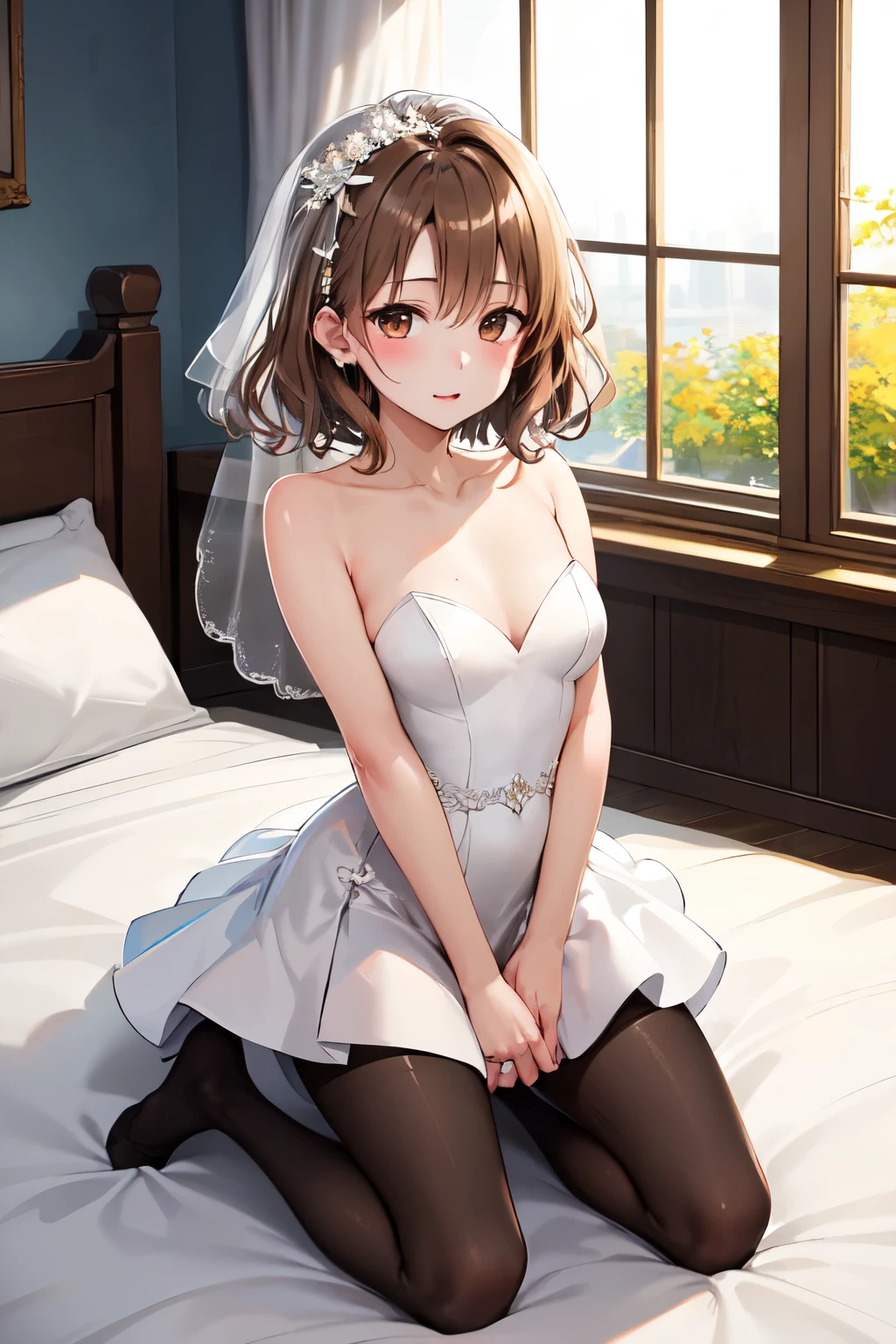 masterpiece, Highest quality, High resolution, One girl, alone, short hair, Brown Hair, Brown eyes, chest, Bedroom、Kneeling、((Wedding dress))、((pantyhose))、