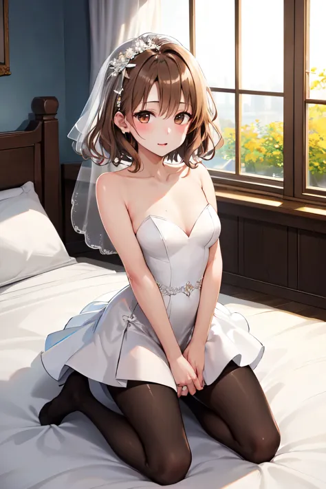 masterpiece, highest quality, high resolution, one girl, alone, short hair, brown hair, brown eyes, chest, bedroom、kneeling、((we...