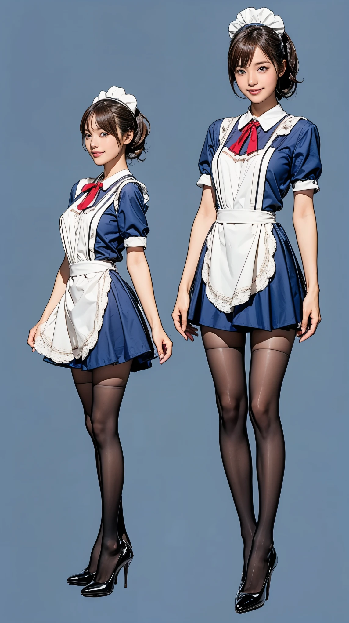 ((masterpiece)),(((Highest quality))),((Character design sheet)),Thin thighs,Long legs,Bunny girl in a light blue maid outfit:1.5，Wearing light blue tights:1.5，The best smile:1.5，Full Body Shot:1.5，Gray background:1.5，Wearing black high heels:1.5，short side wave:1.5，