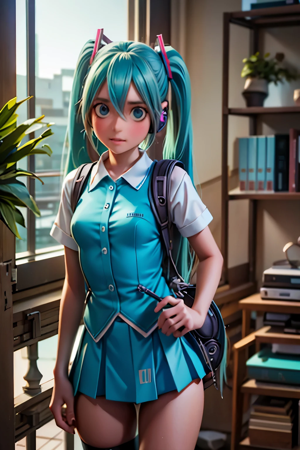 Anime-Mädchen mit langen blauen Haaren und einem Rucksack steht vor einem Balkon, mikudayo, Anime-Moe-Kunststil, Porträt von Hatsune Miku, Anime-Mädchen mit blaugrünem Haar, Hatsune Miku kurze Haare, Anime-Stil 4k, hatsune miku portrait, hatsune miku, Anime-Kunst-Tapete 8 K, Anime-Hintergrundbild 4k, Anime-Tapete 4k, hatsune miku, 1 Mädchen, süßes Anime-Mädchen, türkisblaue Haare, Zwillingsschwänze, detaillierte Gesichtszüge, Schöne, detaillierte Augen, schöne detaillierte Lippen, extrem detailliertes Gesicht, lange Wimpern, Schuluniform, Faltenrock, Oberschenkelhohe Socken, Kopfhörer, Mikrofon halten, leuchtender Neon-Science-Fiction-Hintergrund, digital art, 8k, Hohe Auflösung, fotorealistisch, filmische Beleuchtung, leuchtende Farben, komplizierte Details