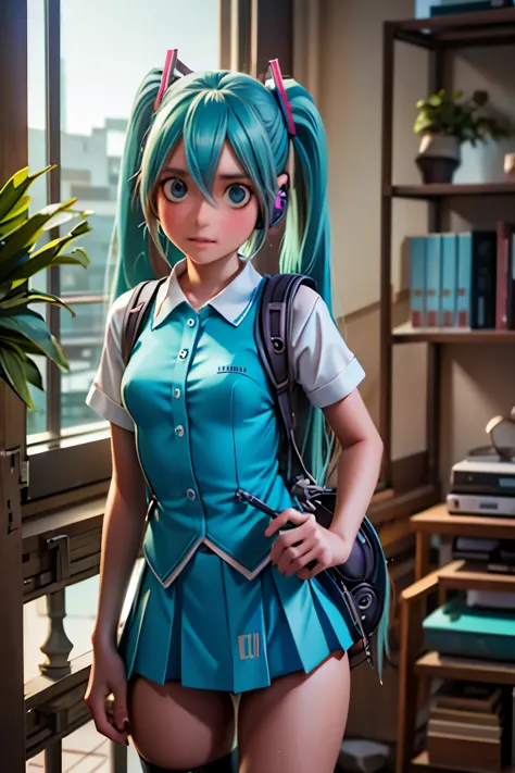 anime girl with long blue hair and a backpack standing in front of a balcony, mikudayo, anime moe artstyle, portrait of hatsune ...