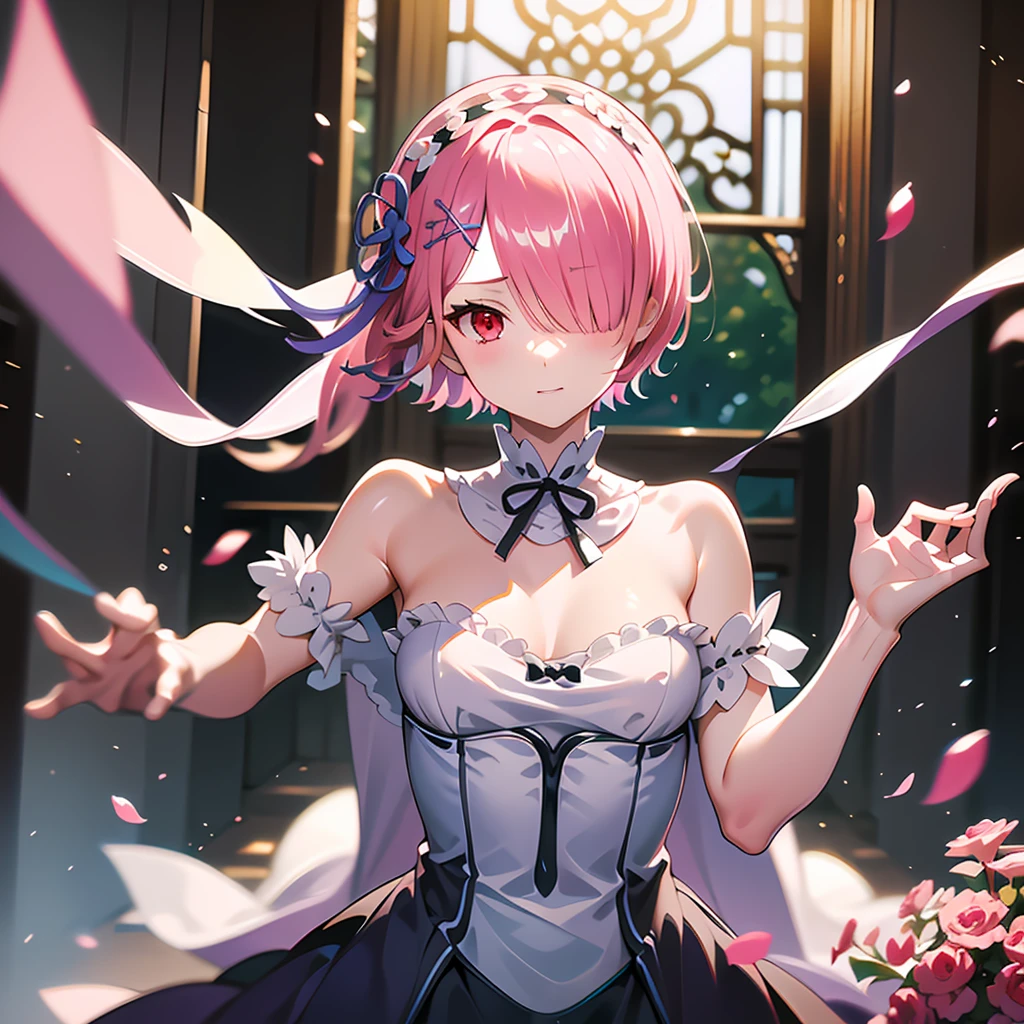 masterpiece, best quality, highres, ram1, 1girl, solo, ram \(re:zero\), pink hair, short hair, red eyes, hair over one eye, hair ribbon, x hair ornament, small breasts, purple ribbon, hair flower, wedding dress, bridal veil, bouquet, chuch,