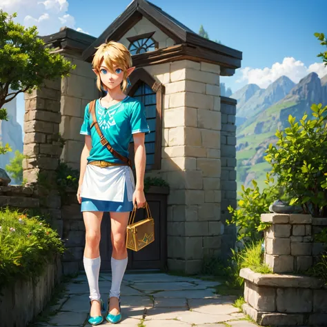 1 young boy, link to the legend of zelda, wearing a white t-shirt, short denim skirt, thin sock, and high heels