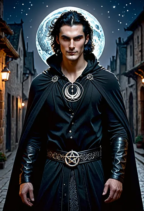 clothing: lorcan wears a flowing black cloak with the symbol of tenebra – a pentagram surrounded by moon phases – embroidered in...